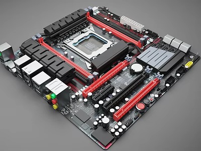 High Performance Computer Motherboard Featuring Red Black Design CPU Socket And Components 3d model