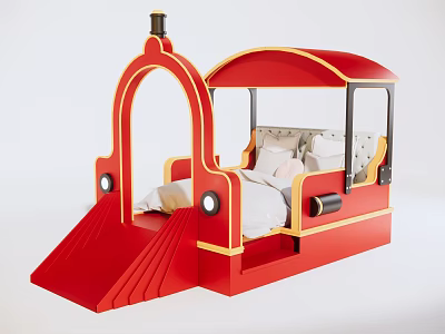 Red Children's Train Shaped Bed With Slide For Kids Bedroom Playful Design 3d model