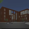 Modern Office Building With Red Brick Exterior Glass Windows And Surrounding Trees