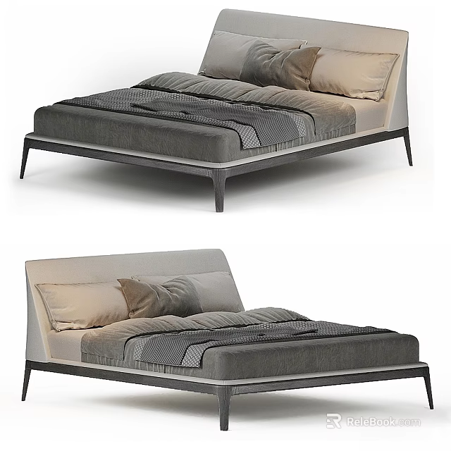Modern Gray Upholstered Double Bed With Black Metal Legs And Pillows 3d model 