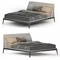 Modern Gray Upholstered Double Bed With Black Metal Legs And Pillows