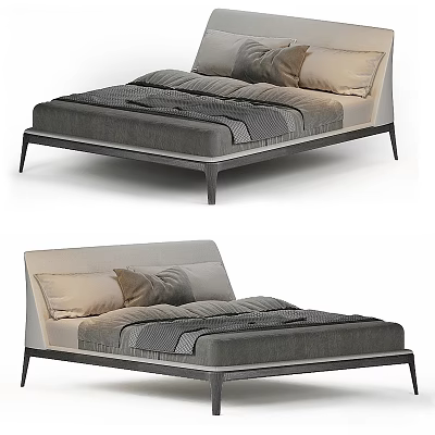 Modern Gray Upholstered Double Bed With Black Metal Legs And Pillows 3d model