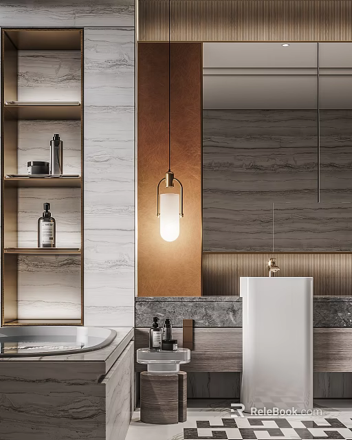 Modern Bathroom Interior With Marble Walls Gold Frame Shelves Pendant Light And Vanity 3d model 