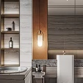 Modern Bathroom Interior With Marble Walls Gold Frame Shelves Pendant Light And Vanity