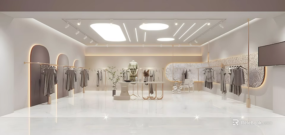 Modern Clothing Store Interior With Clothes Racks Display Cabinets Open Layout And Minimalist Lighting 3d model 