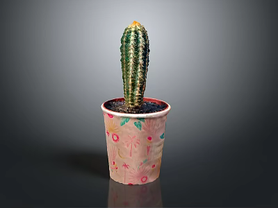 Potted Cactus Plant in Decorative Planter with Pink and Green Floral Patterns 3d model