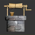 Traditional Stone Well Structure With Wooden Pulley Bucket And Handle