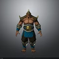 Muscular Fantasy Warrior Character With Golden Helmet Spiked Shoulders Blue Waist Guard And Ornate Details
