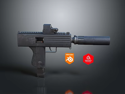 High Quality 3D Rendered Black Submachine Gun With Silencer And Scope 3d model