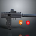 High Quality 3D Rendered Black Submachine Gun With Silencer And Scope