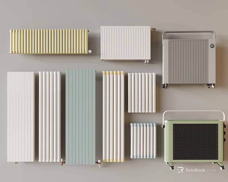 Various Modern Radiator Styles Including Column Panel and Portable Designs in Multiple Colors 3d model