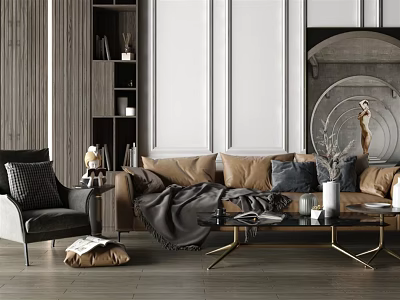 Modern Brown Sofa and Coffee Table Set With Decorative Pillows Throw Blanket and Artwork 3d model