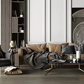 Modern Brown Sofa and Coffee Table Set With Decorative Pillows Throw Blanket and Artwork
