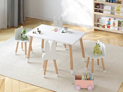 Kids Table With Animal Shaped Chairs And Toys In Cozy Playroom 3d model