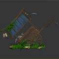 Vintage Wooden Cart Furniture with Blue Plank Roof Green Plants Ferns and Small Decorations
