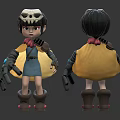 3D Cartoon Girl Character With Skull Hat Mechanical Arms Yellow Cloak Blue Dress