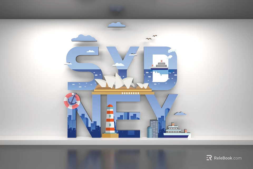 Sydney Word Art Design Featuring Opera House Lighthouse Ship City Buildings Clouds And Seagulls 3d model 