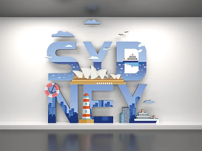 Sydney Word Art Design Featuring Opera House Lighthouse Ship City Buildings Clouds And Seagulls 3d model