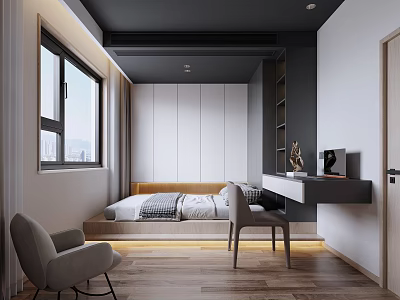 Modern Tatami Bedroom Interior With Tatami Bed Desk Chair Storage Cabinets And Window 3d model
