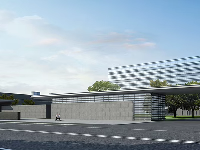 Modern Industrial Factory Building With Glass Curtain Wall Gray Exterior Green Trees And Blue Sky 3d model