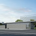 Modern Industrial Factory Building With Glass Curtain Wall Gray Exterior Green Trees And Blue Sky