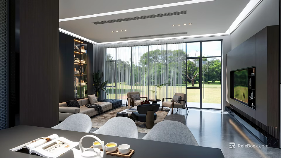 Modern Living and Dining Room with Large Windows Green View Sofa and Dining Table 3d model 
