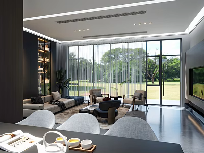 Modern Living and Dining Room with Large Windows Green View Sofa and Dining Table 3d model
