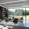 Modern Living and Dining Room with Large Windows Green View Sofa and Dining Table