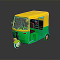 Yellow And Green Three Wheel Auto Rickshaw Passenger Vehicle With Transparent Windows