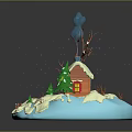 Wooden House in Winter Snow Scene with Snow-Covered Roof Smoking Chimney and Pine Trees