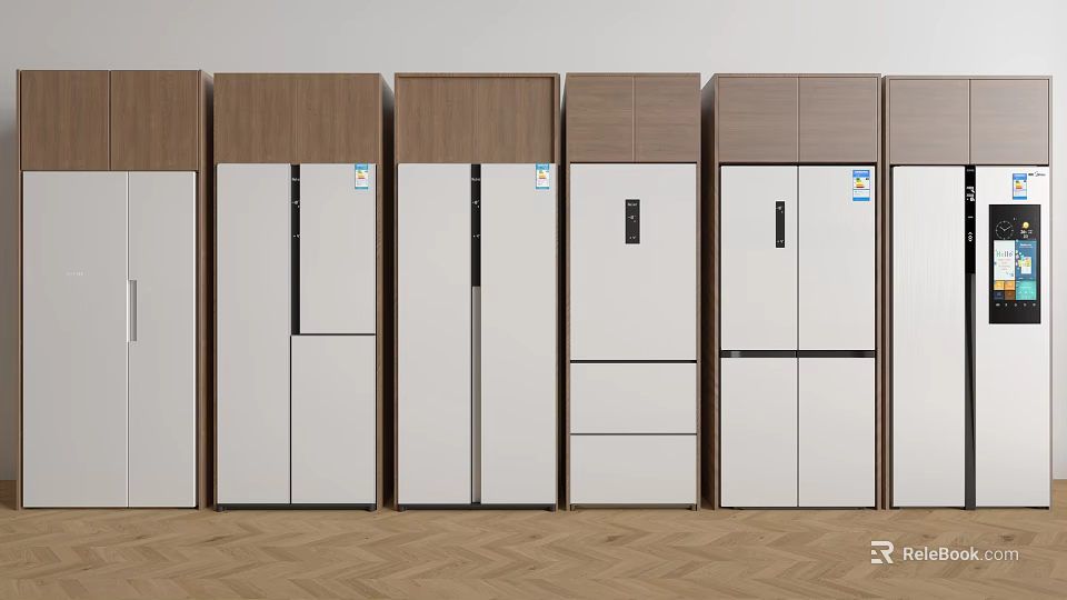 Modern Refrigerators Various Styles White And Wooden Finishes Different Door Designs 3d model 
