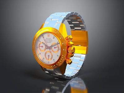 Luxury Chronograph Watch With Gold Case Blue Metal Strap And Orange Accented White Dial 3d model