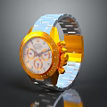 Luxury Chronograph Watch With Gold Case Blue Metal Strap And Orange Accented White Dial