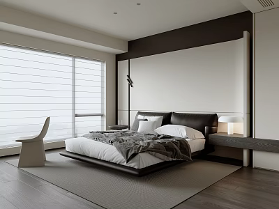 Modern Bedroom Interior Design With Large Bed Black White Headboard Wall And Scenic Window View 3d model