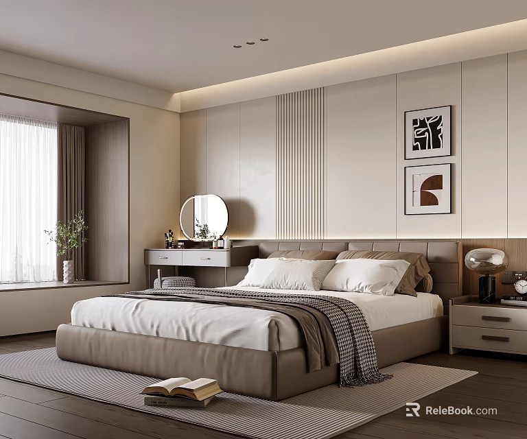 Modern Elegant Bedroom With Platform Bed Dresser Mirror Nightstand And Wall Art 3d model 