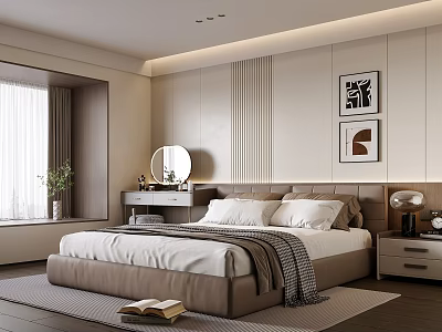 Modern Elegant Bedroom With Platform Bed Dresser Mirror Nightstand And Wall Art 3d model