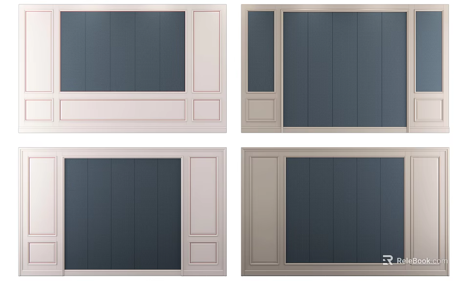 Modern Interior Sofa Background Wall Design With Dark Blue Panels And Light Frames 3d model