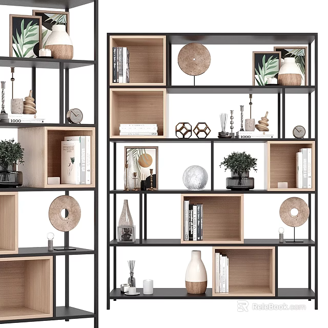 Modern Display Shelf Unit With Wooden Metal Structure Books Decorative Plants And Vases 3d model 