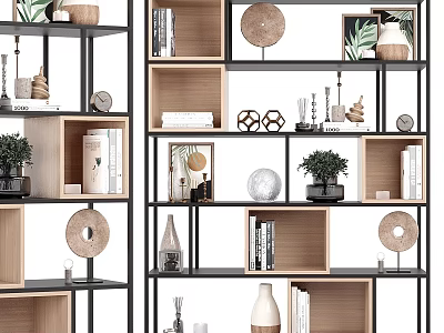 Modern Display Shelf Unit With Wooden Metal Structure Books Decorative Plants And Vases 3d model