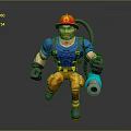 Cartoon Firefighter Character With Red Helmet Flame Logo Yellow Pants And Blue Water Gun
