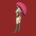 Game Animated Character With Pink Hair Green Earrings Red R Symbol White Outfit