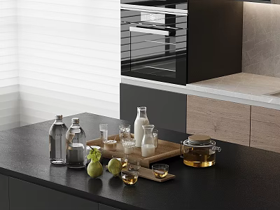 Modern Kitchen Countertop With Various Glass Cups Milk Bottle Teapot And Fresh Fruits 3d model