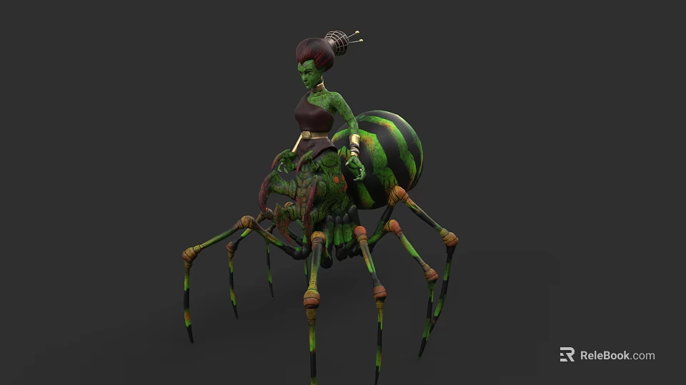 Green Skinned Female Character Riding Giant Spider Creature With Ornate Hairpiece And Colorful Legs 3d model 