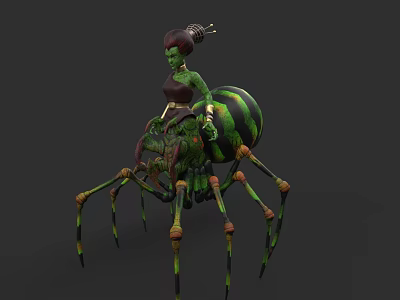 Green Skinned Female Character Riding Giant Spider Creature With Ornate Hairpiece And Colorful Legs 3d model