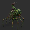 Green Skinned Female Character Riding Giant Spider Creature With Ornate Hairpiece And Colorful Legs