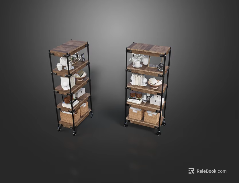 Industrial Metal Frame Shelving Units With Wooden Shelves Caster Wheels And Storage Boxes 3d model 