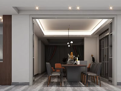 Elegant Modern Restaurant Interior Design With Dining Table Chairs Hanging Chandelier And Curtains 3d model