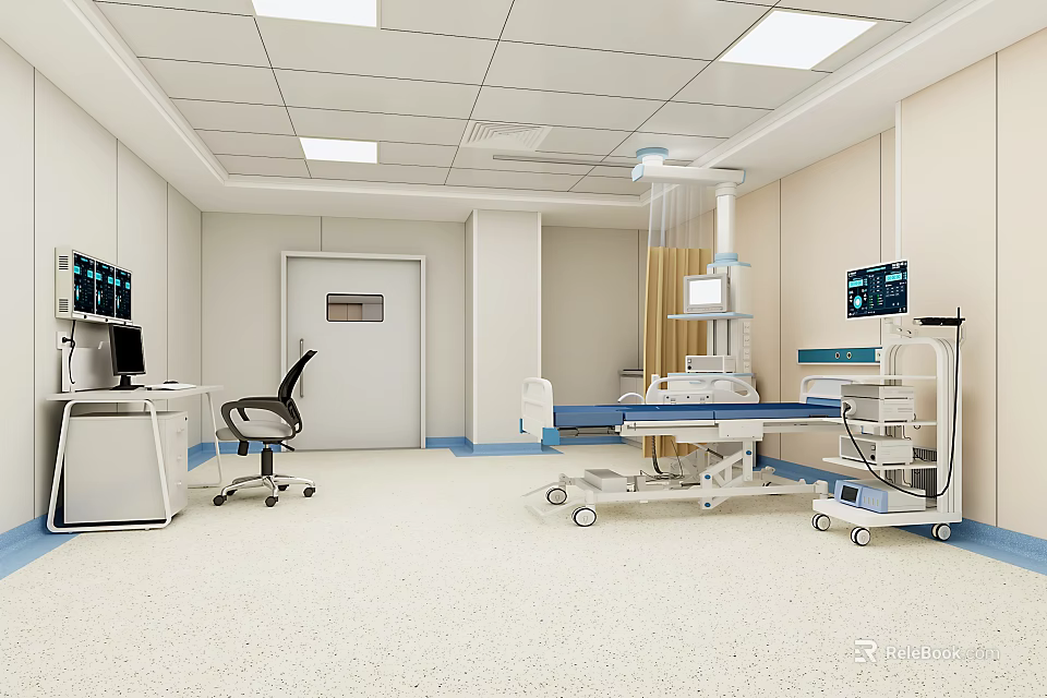 Modern Medical Room Interior With Hospital Bed Monitoring Devices And Equipment 3d model 