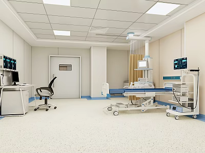 Modern Medical Room Interior With Hospital Bed Monitoring Devices And Equipment 3d model