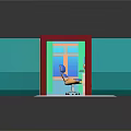 Cartoon Room Interior Design With Blue Walls Red Door Whiteboard And Chairs